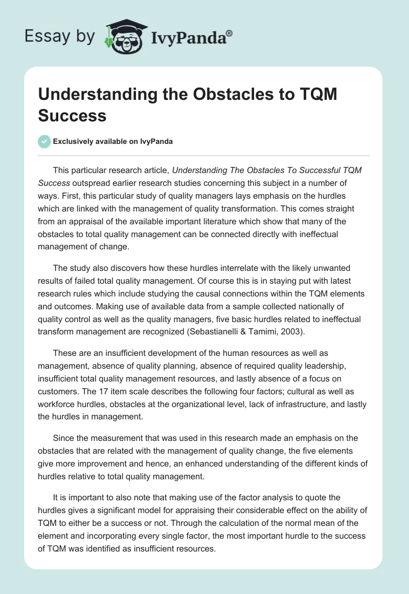 Understanding the Obstacles to TQM Success. Page 1