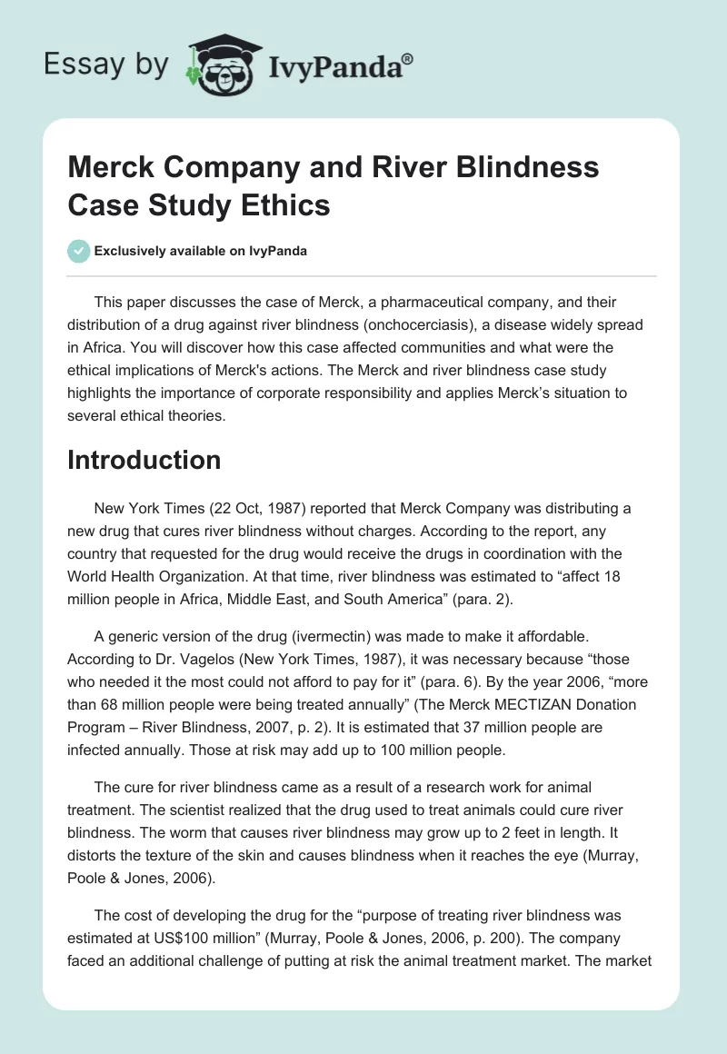 Merck Company and River Blindness Case Study Ethics. Page 1