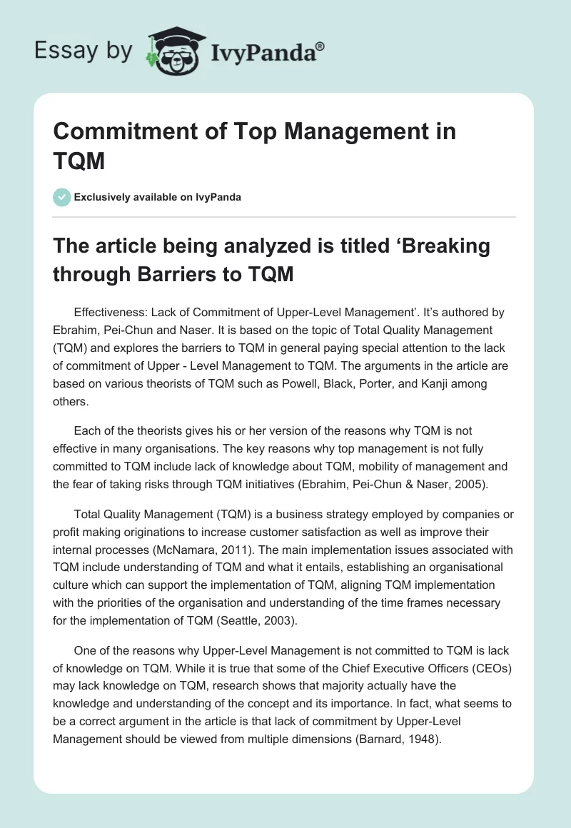 Commitment of Top Management in TQM. Page 1