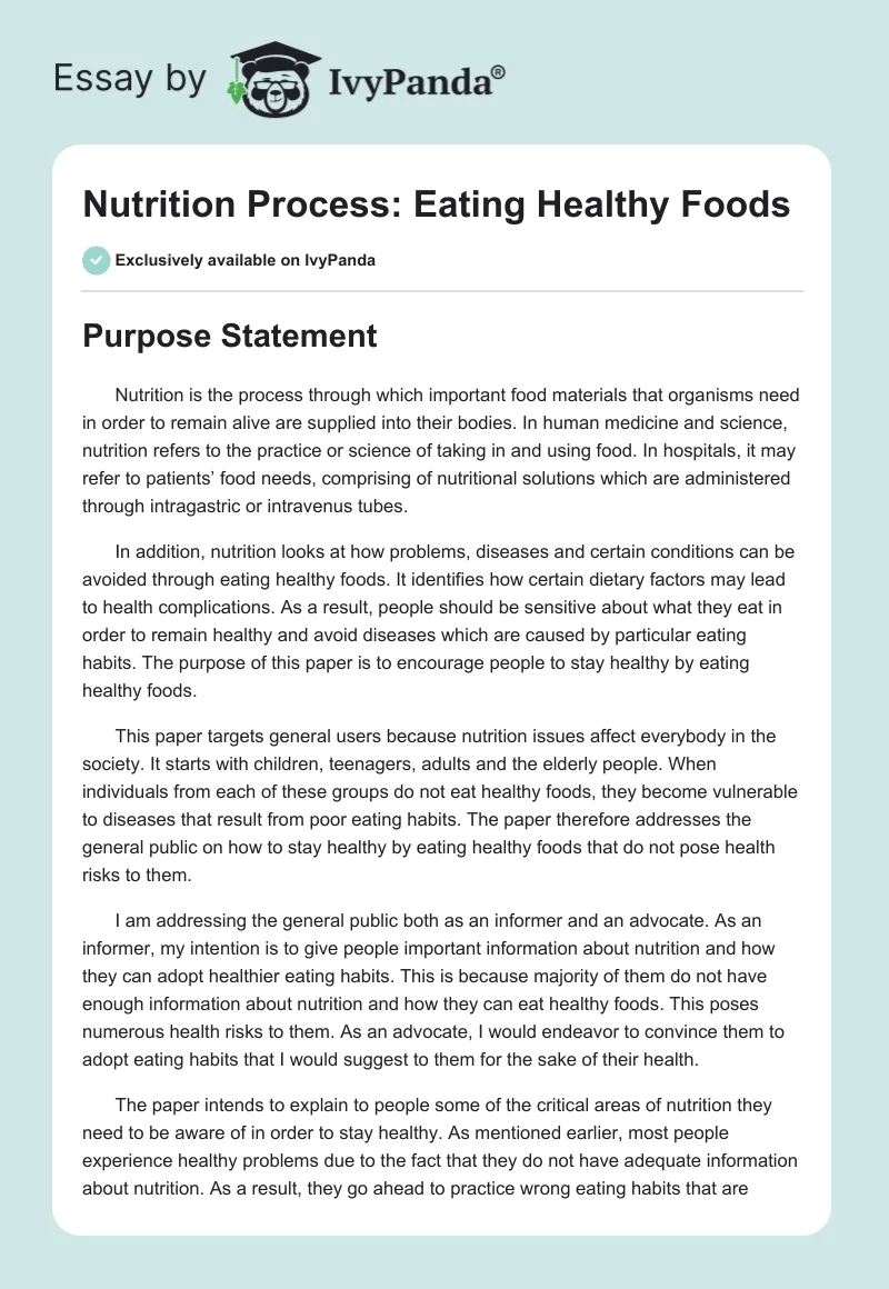 Nutrition Process: Eating Healthy Foods. Page 1