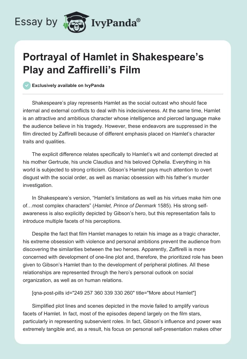 Portrayal of Hamlet in Shakespeare’s Play and Zaffirelli’s Film. Page 1