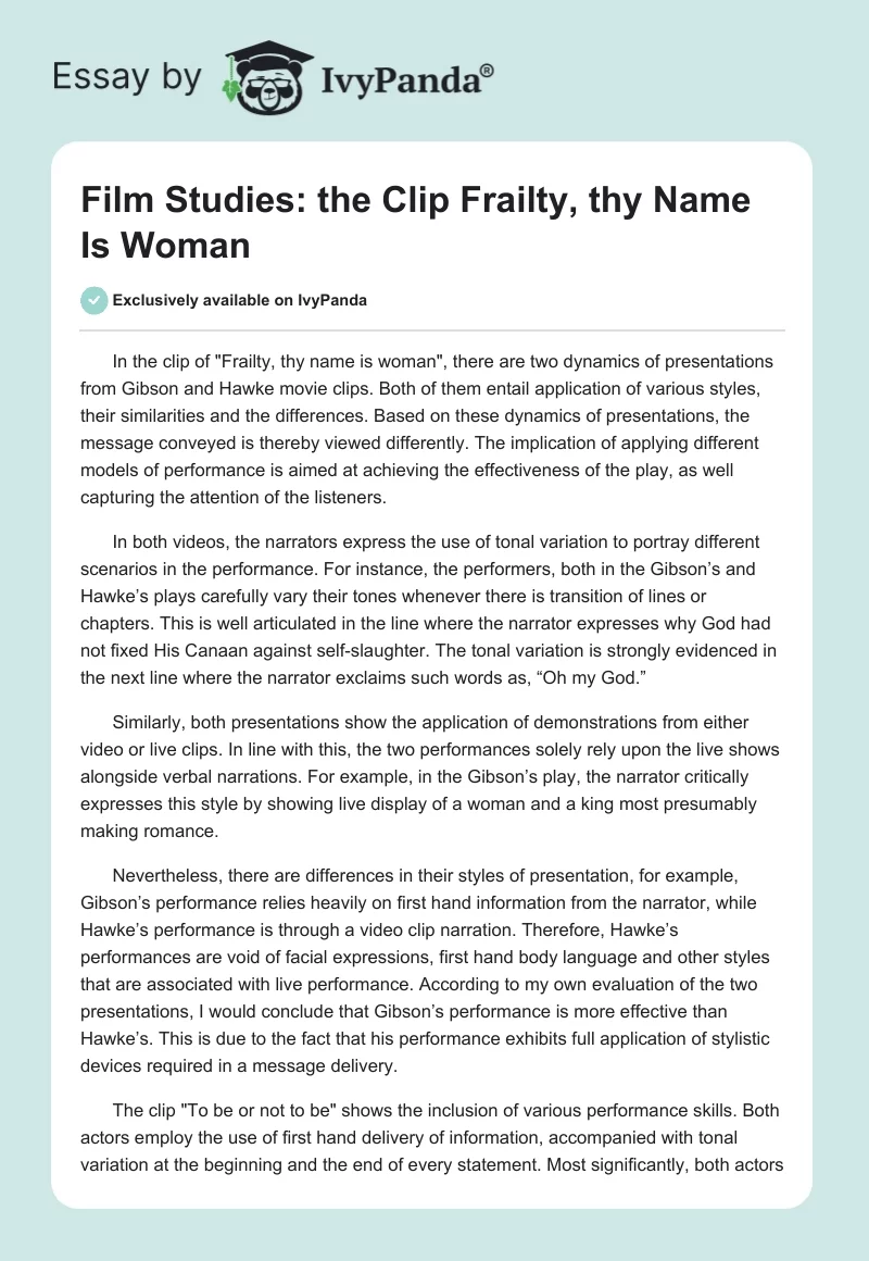 Film Studies: the Clip "Frailty, thy Name Is Woman". Page 1
