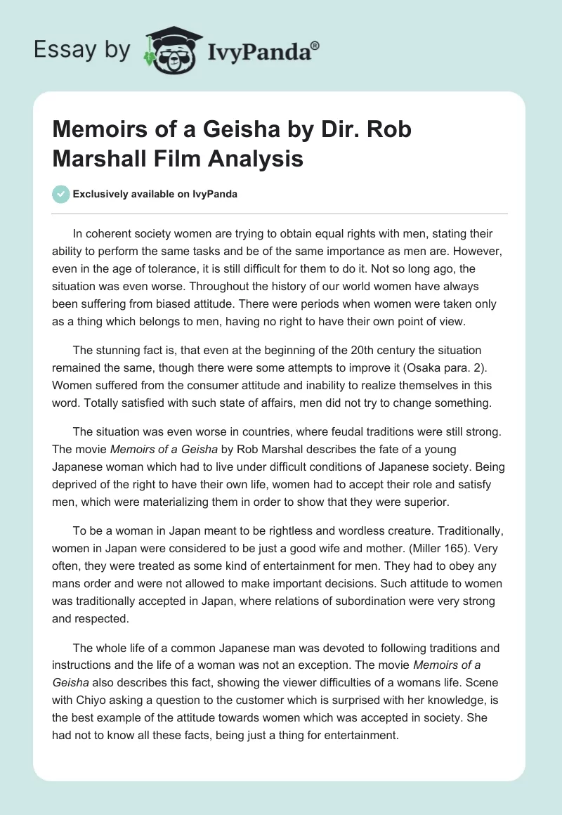 "Memoirs of a Geisha" by Dir. Rob Marshall Film Analysis. Page 1