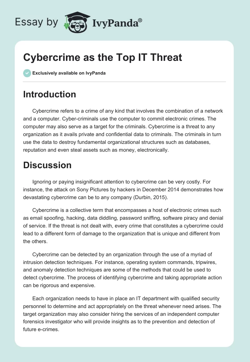 Cybercrime as the Top IT Threat. Page 1