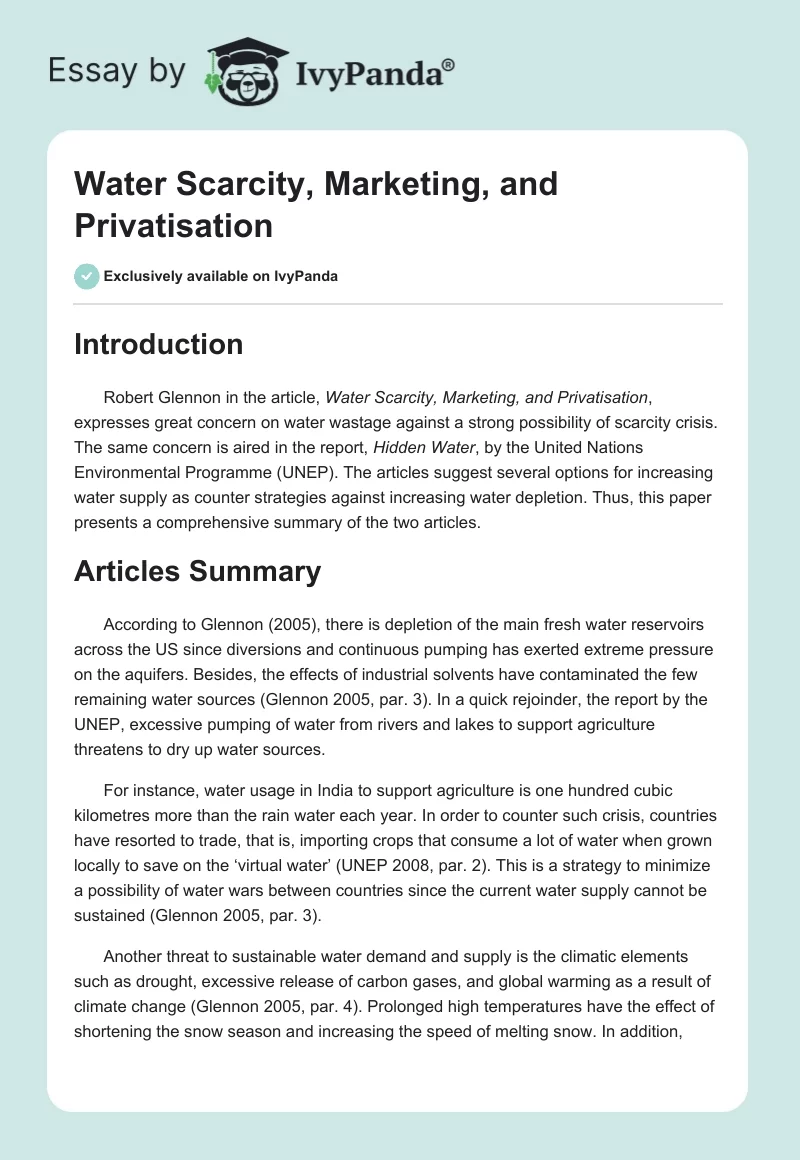 Water Scarcity, Marketing, and Privatisation. Page 1