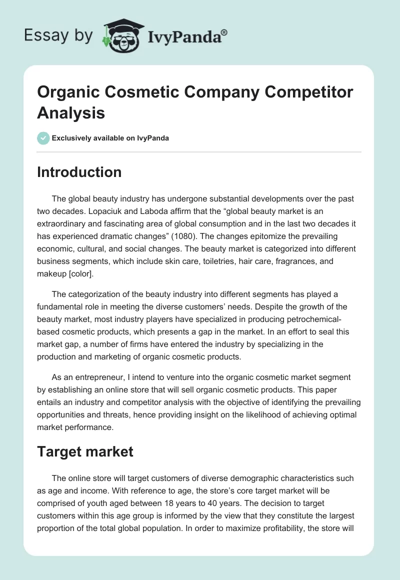 Organic Cosmetic Company Competitor Analysis. Page 1