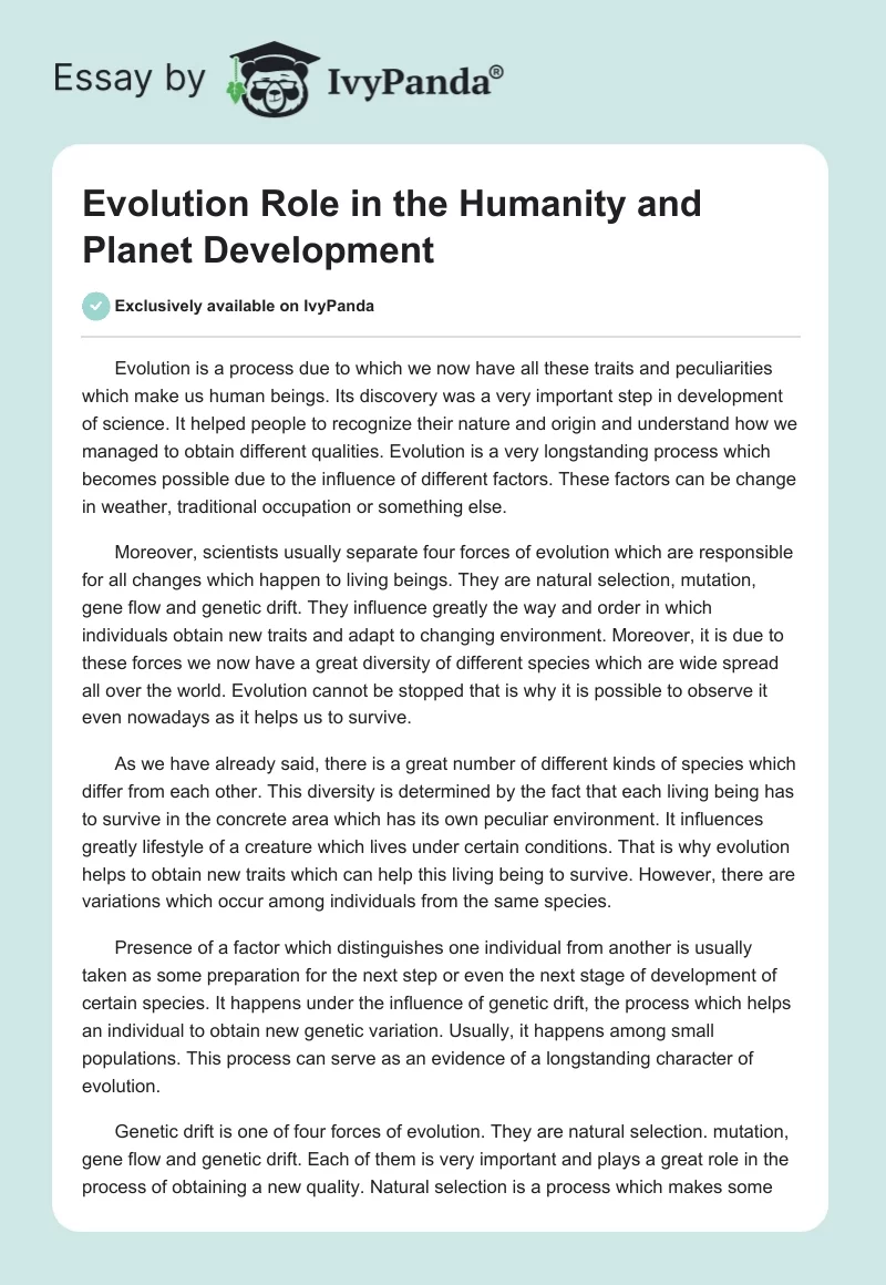 Evolution Role in the Humanity and Planet Development. Page 1