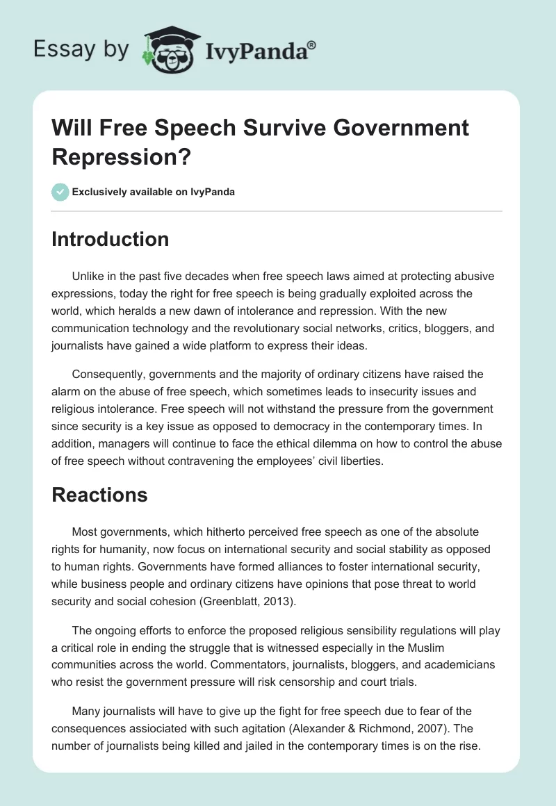Will Free Speech Survive Government Repression?. Page 1