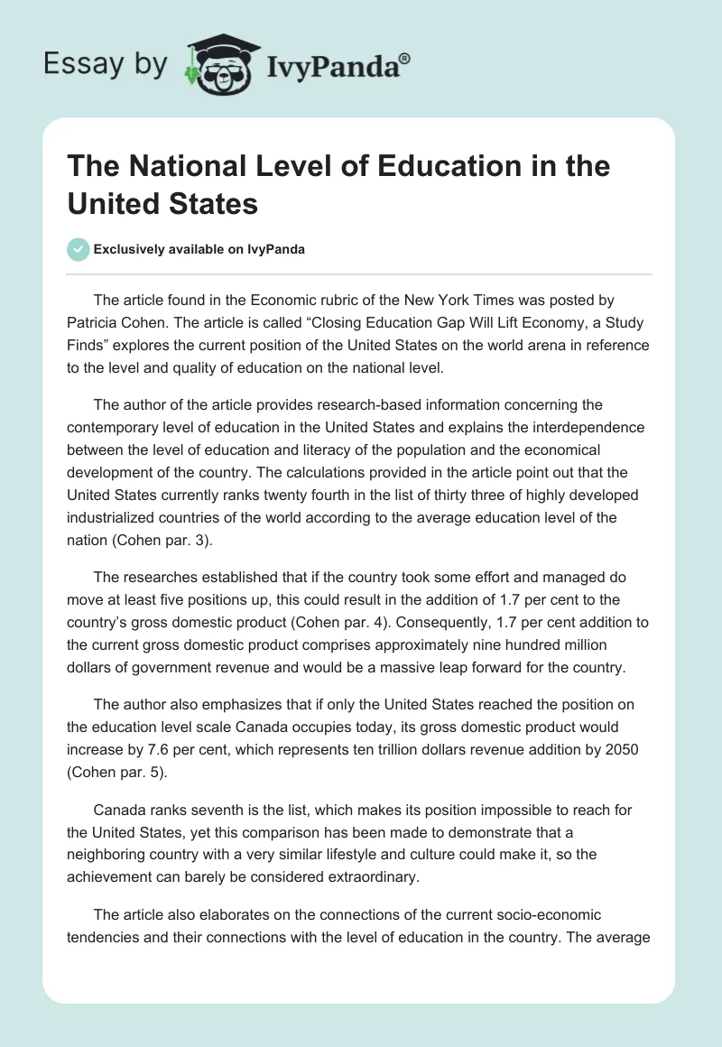 The National Level of Education in the United States. Page 1