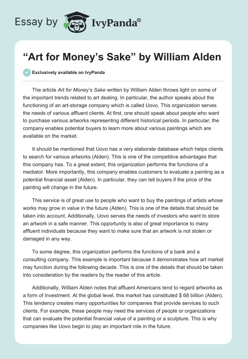 “Art for Money’s Sake” by William Alden. Page 1