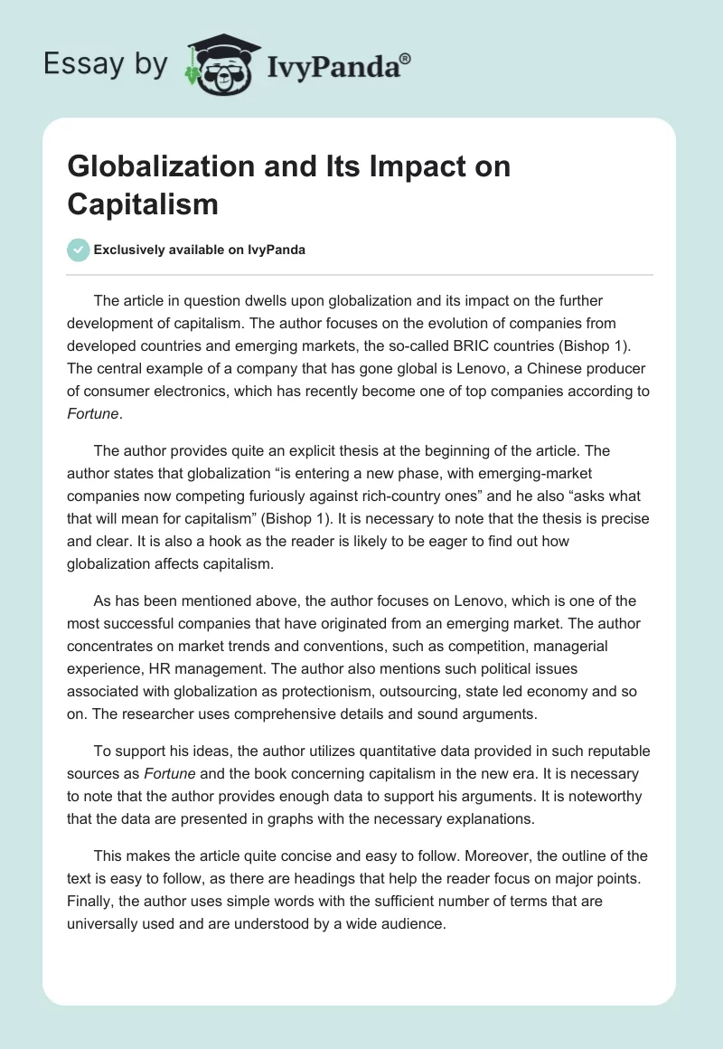 Globalization and Its Impact on Capitalism. Page 1