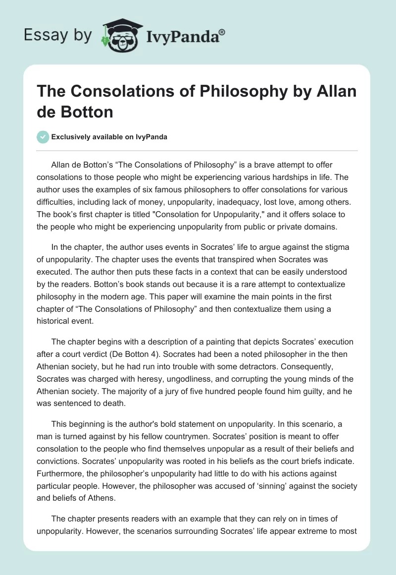 "The Consolations of Philosophy" by Allan de Botton. Page 1