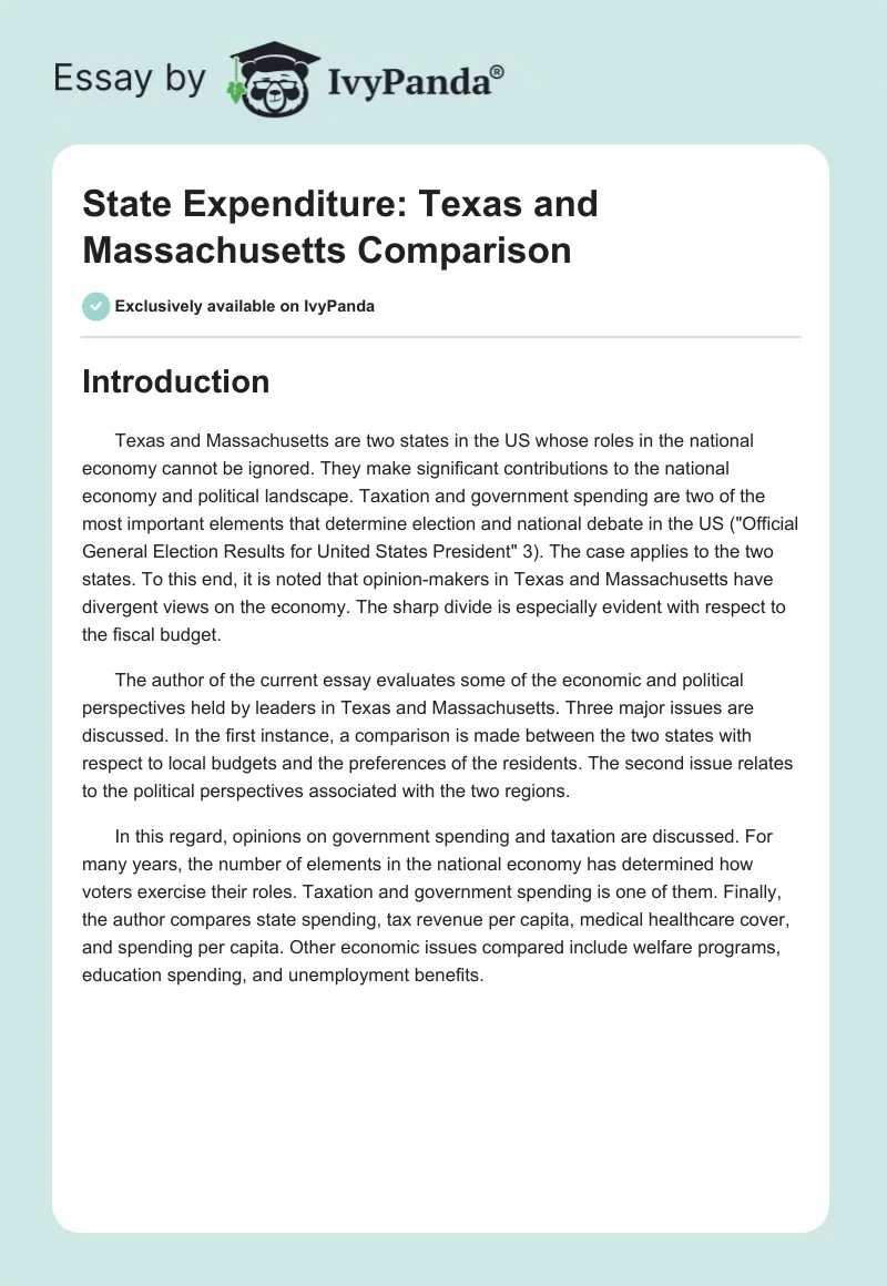 State Expenditure: Texas and Massachusetts Comparison. Page 1