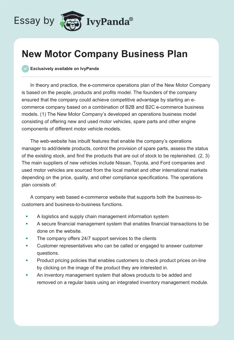 New Motor Company Business Plan. Page 1