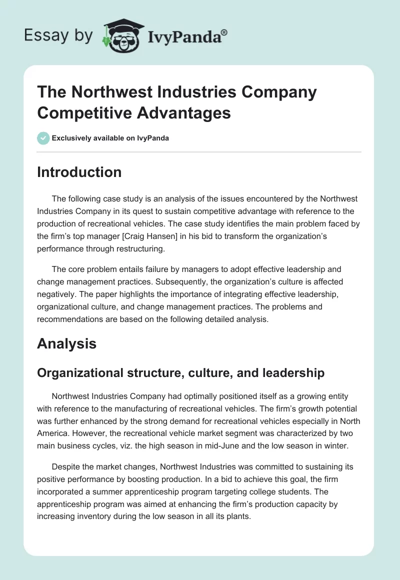 The Northwest Industries Company Competitive Advantages. Page 1