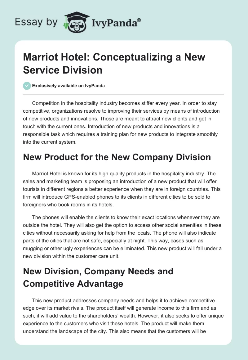Marriot Hotel: Conceptualizing a New Service Division. Page 1