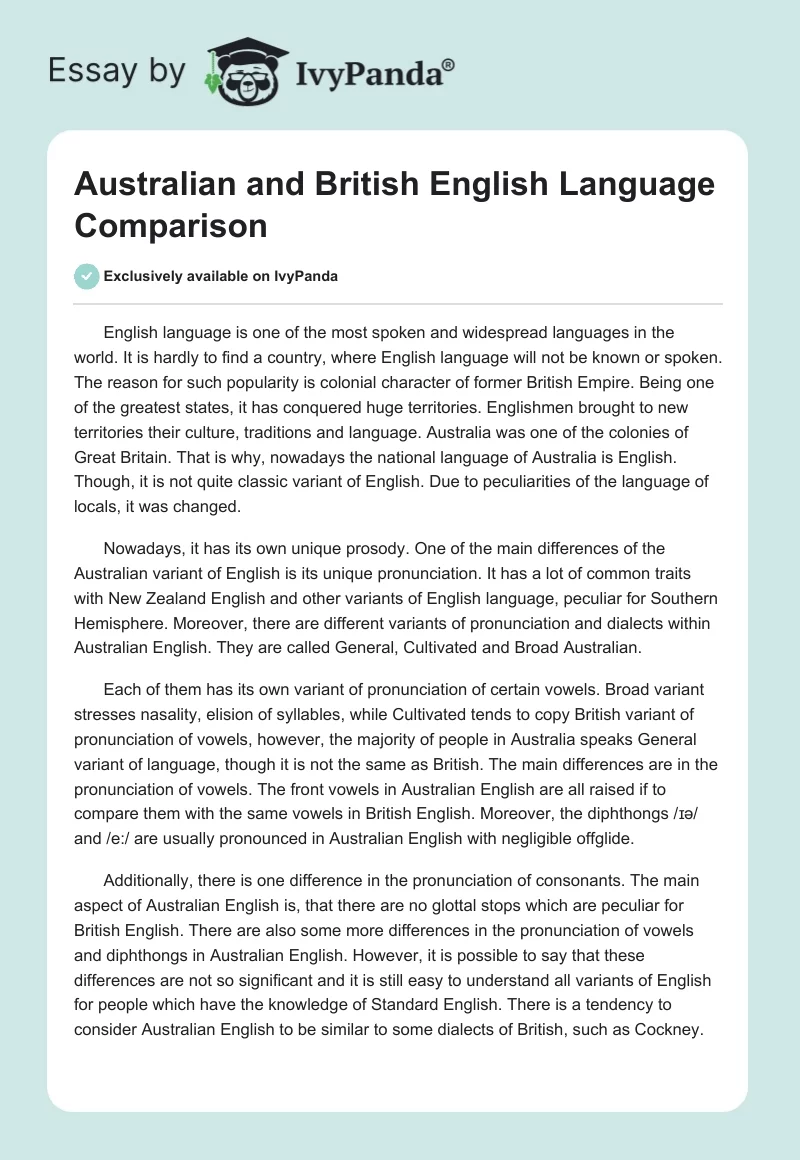 Australian and British English Language Comparison. Page 1