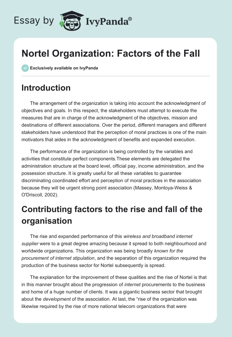 Nortel Organization: Factors of the Fall. Page 1