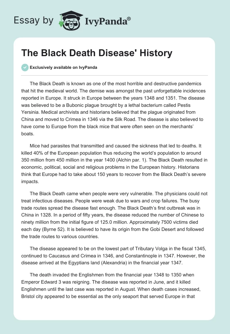 The Black Death Disease' History. Page 1