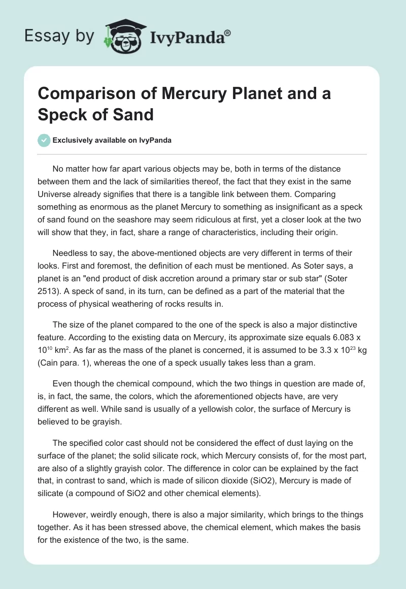Comparison of Mercury Planet and a Speck of Sand. Page 1