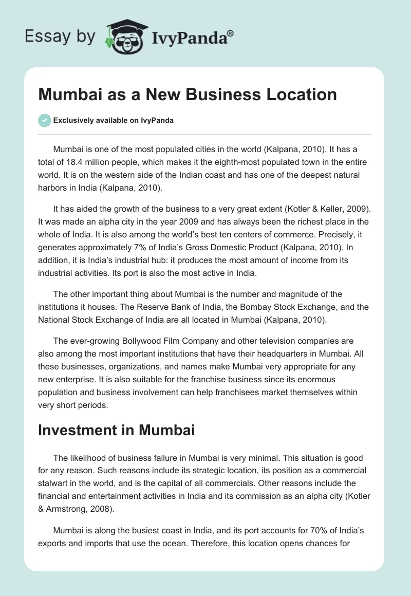 Mumbai as a New Business Location. Page 1