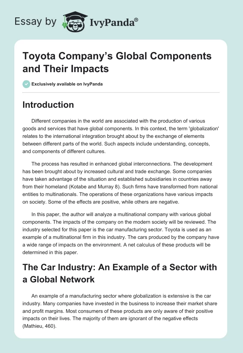 Toyota Company’s Global Components and Their Impacts. Page 1