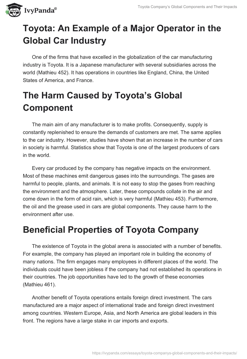 Toyota Company’s Global Components and Their Impacts. Page 2