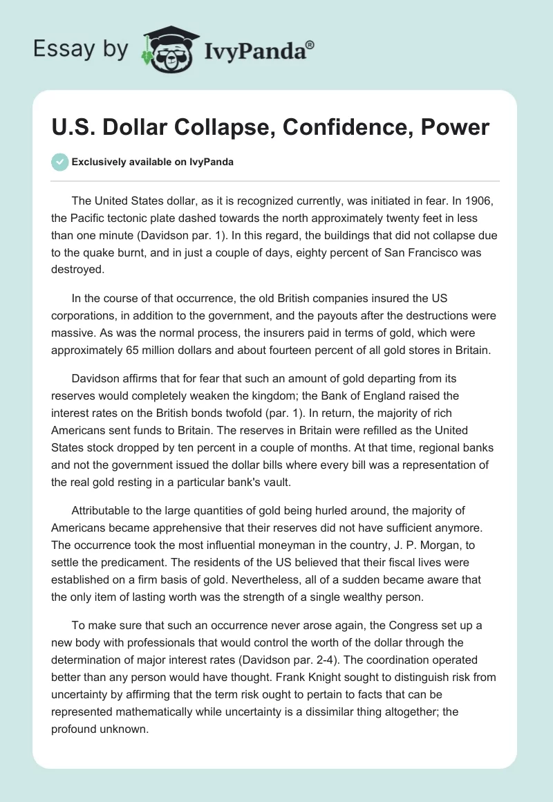 U.S. Dollar Collapse, Confidence, Power. Page 1