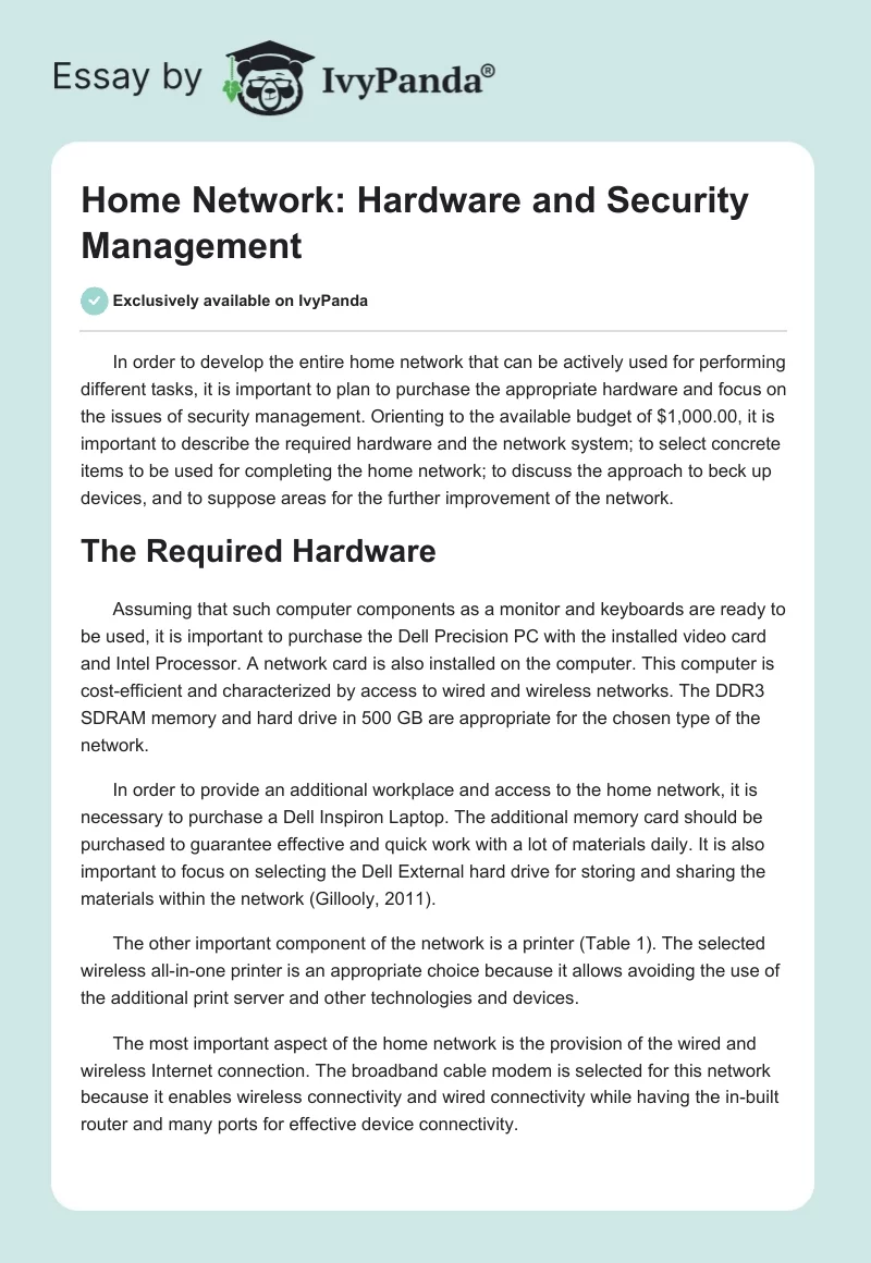 Home Network: Hardware and Security Management. Page 1
