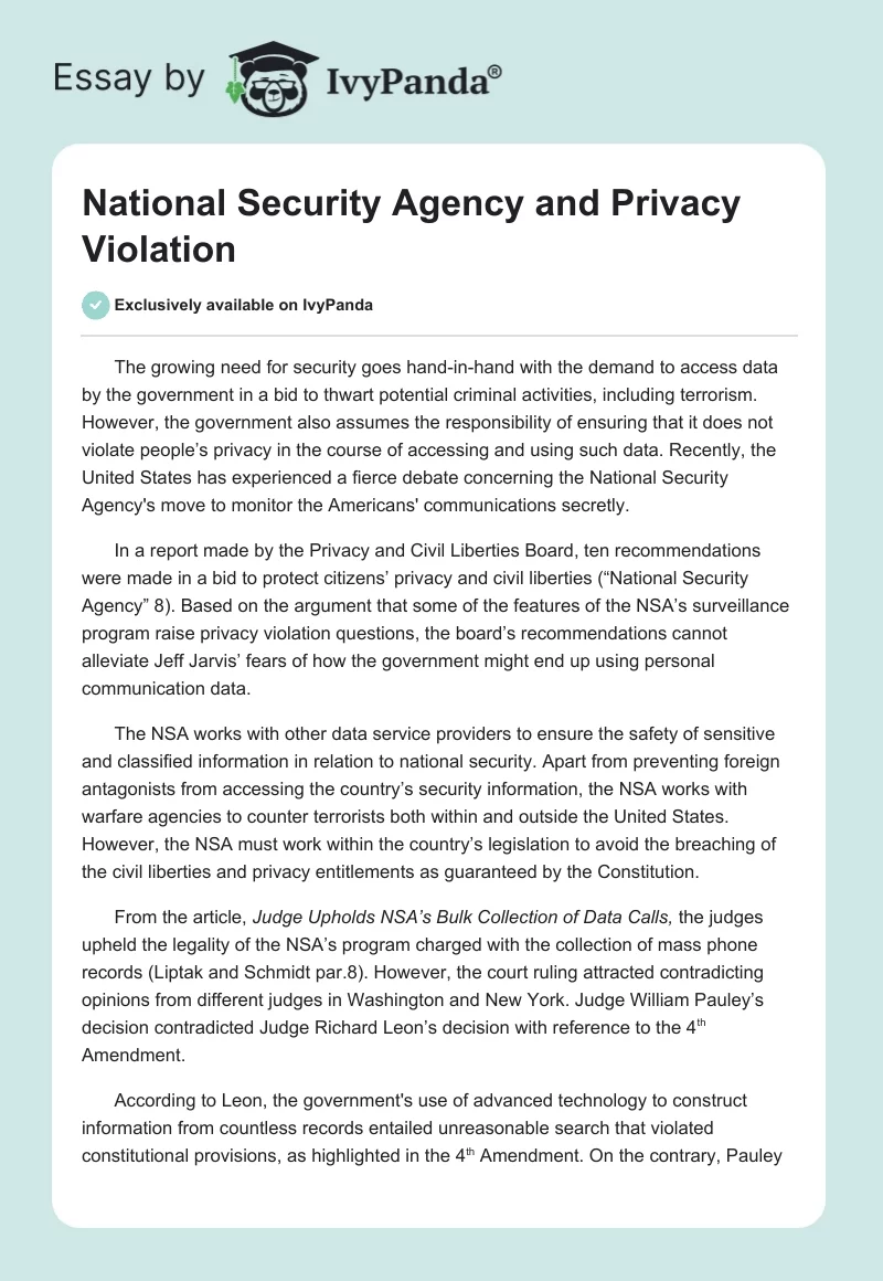 National Security Agency and Privacy Violation. Page 1