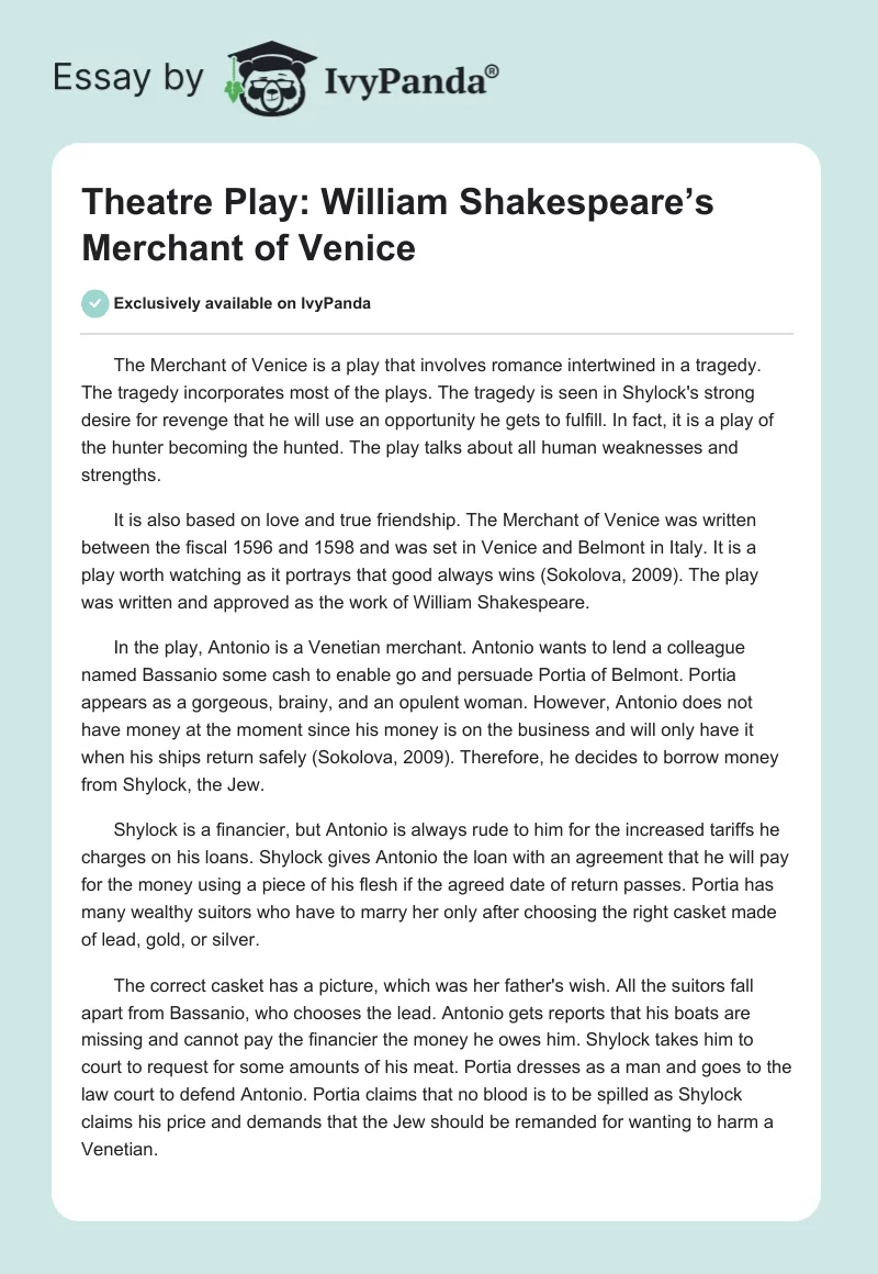 Theatre Play: William Shakespeare’s Merchant of Venice. Page 1