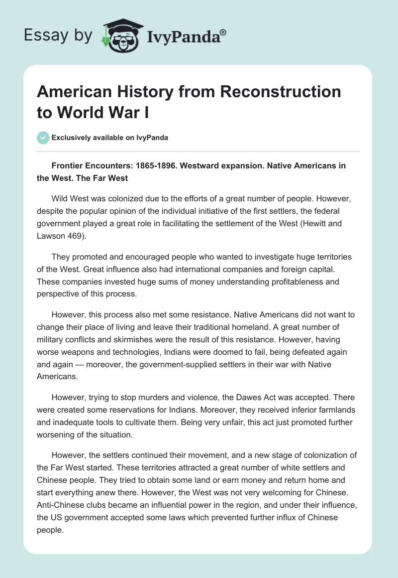 American History From Reconstruction to World War I. Page 1