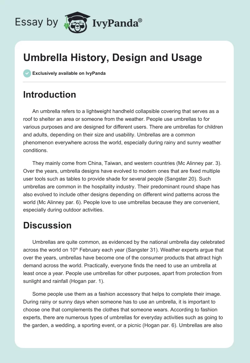 Umbrella History, Design and Usage. Page 1
