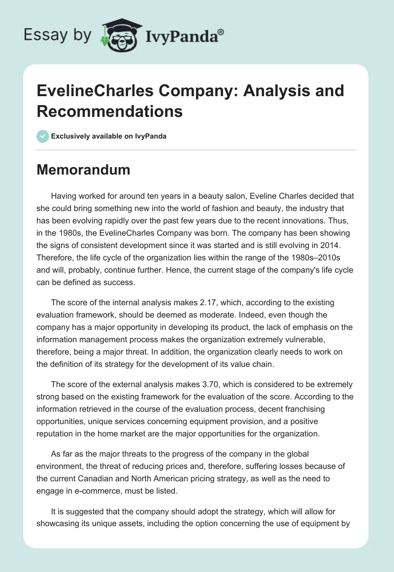 EvelineCharles Company: Analysis and Recommendations. Page 1