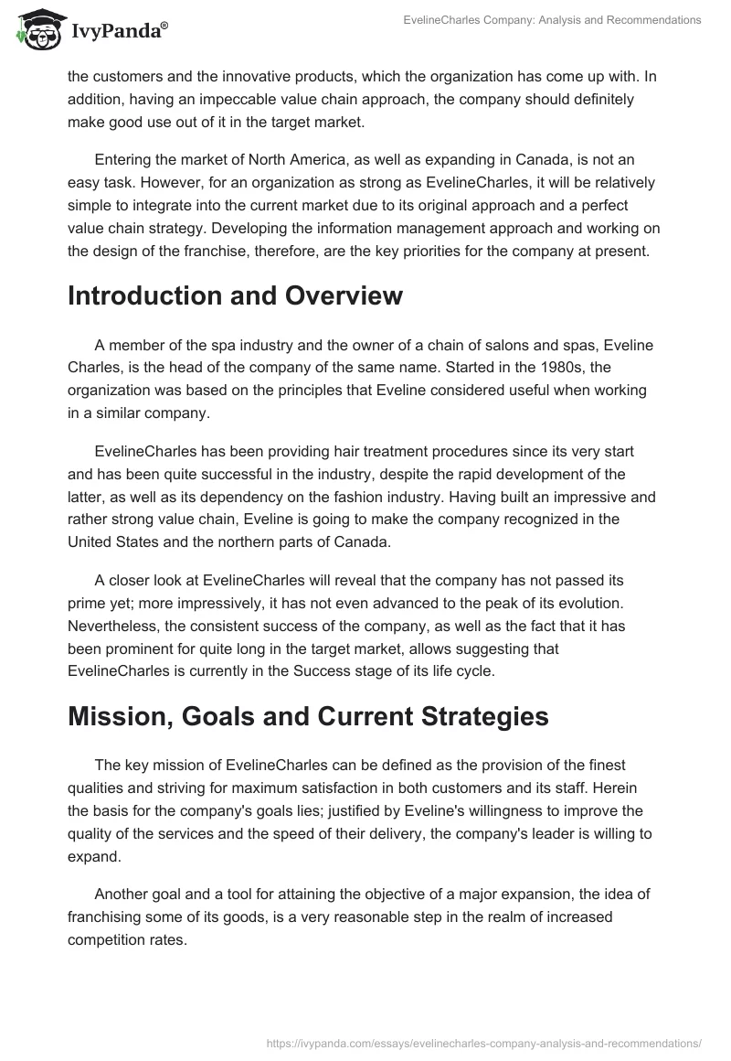 EvelineCharles Company: Analysis and Recommendations. Page 2