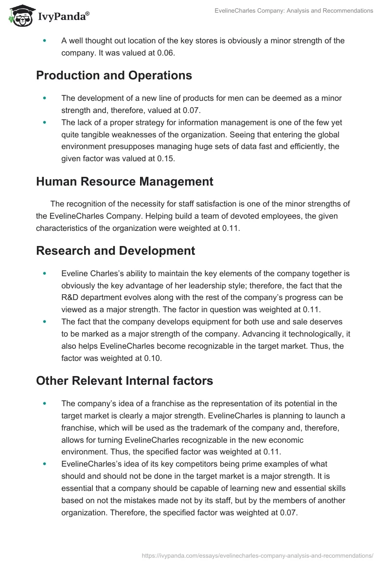 EvelineCharles Company: Analysis and Recommendations. Page 4