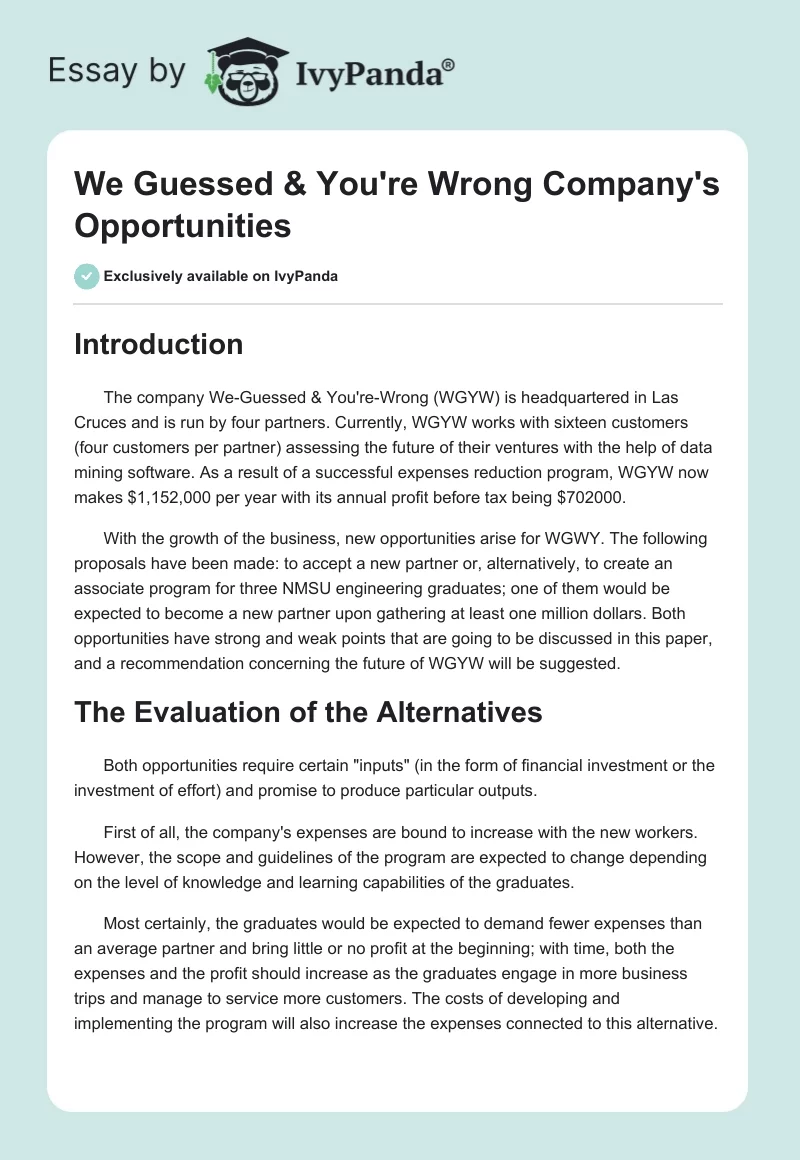 "We Guessed & You're Wrong" Company's Opportunities. Page 1