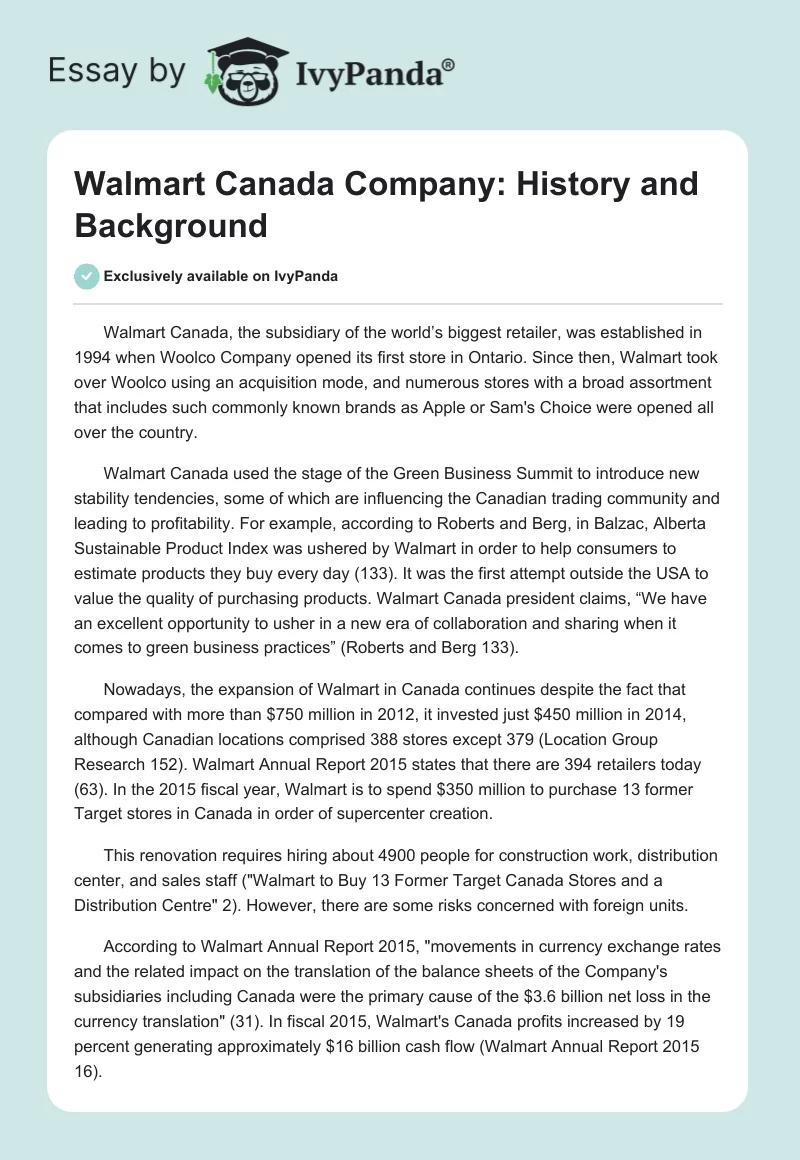Walmart Canada Company: History and Background. Page 1
