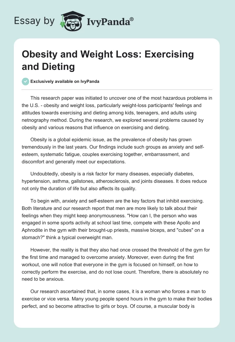 Obesity and Weight Loss: Exercising and Dieting. Page 1