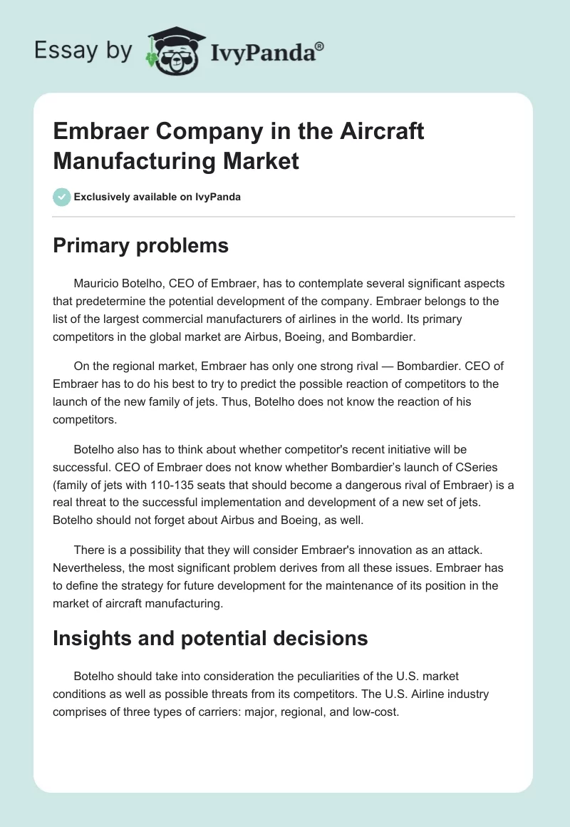 Embraer Company in the Aircraft Manufacturing Market. Page 1