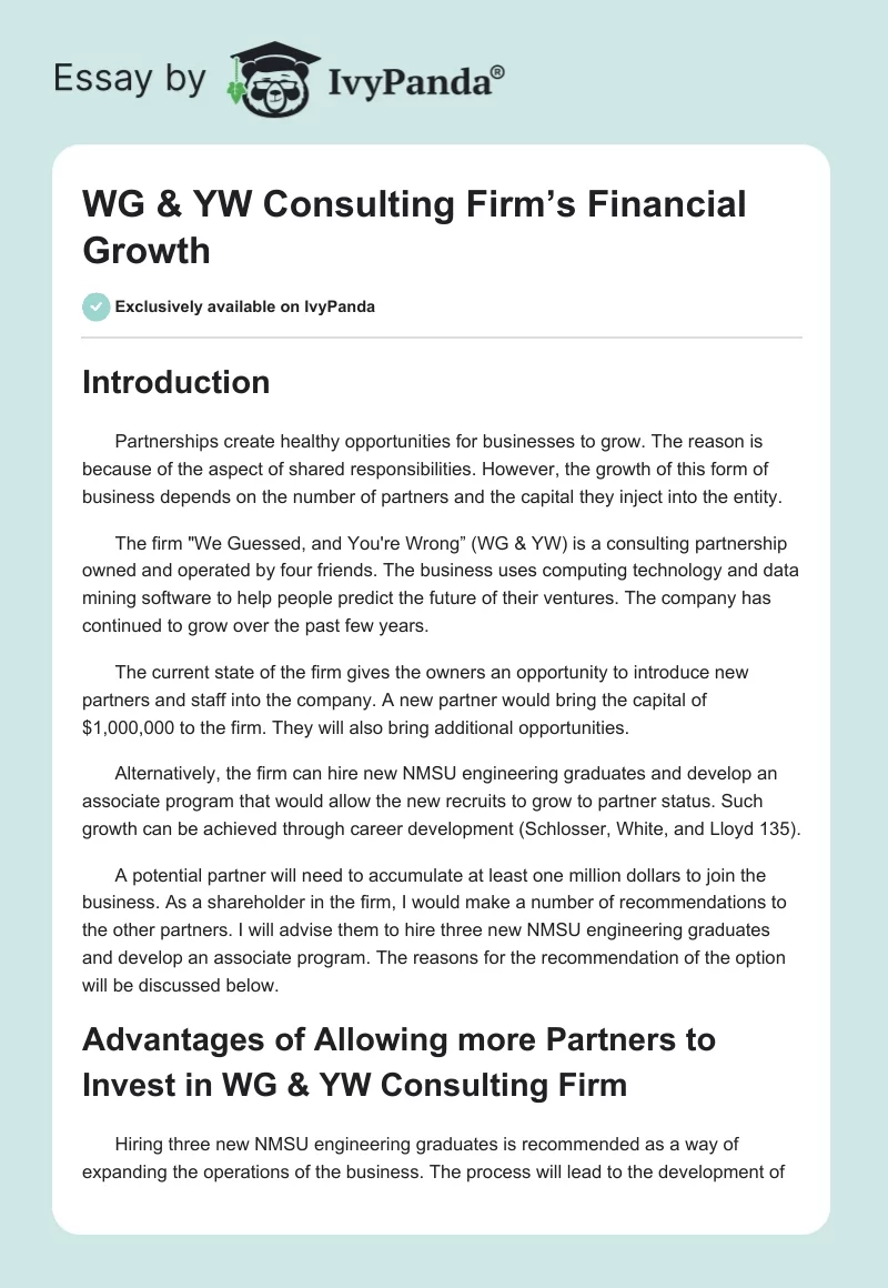 WG & YW Consulting Firm’s Financial Growth. Page 1