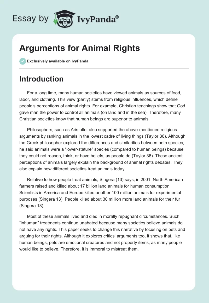 Arguments for Animal Rights. Page 1