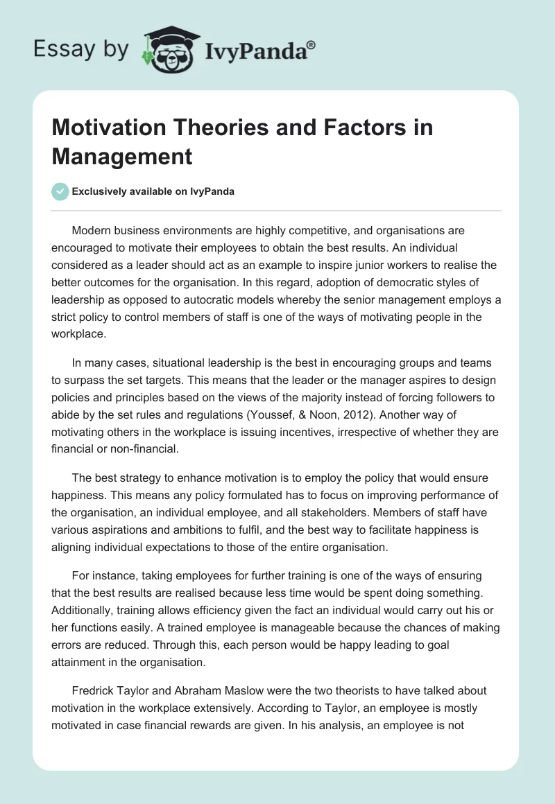 Motivation Theories and Factors in Management. Page 1