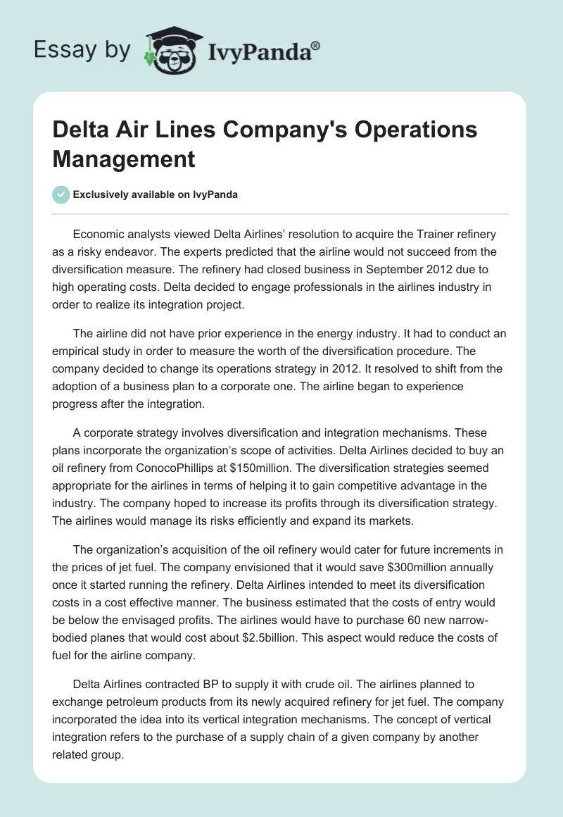 Delta Air Lines Company's Operations Management. Page 1