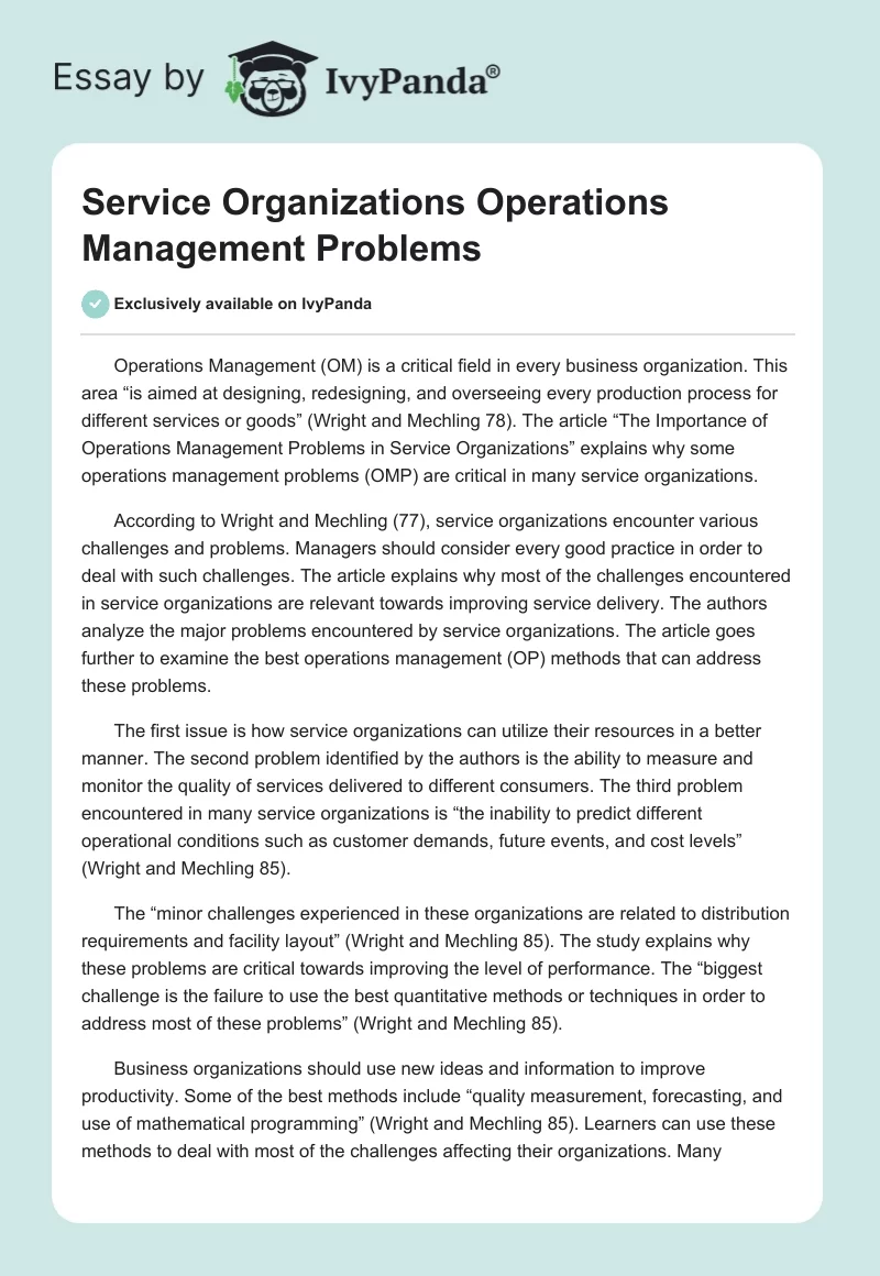 Service Organizations Operations Management Problems. Page 1