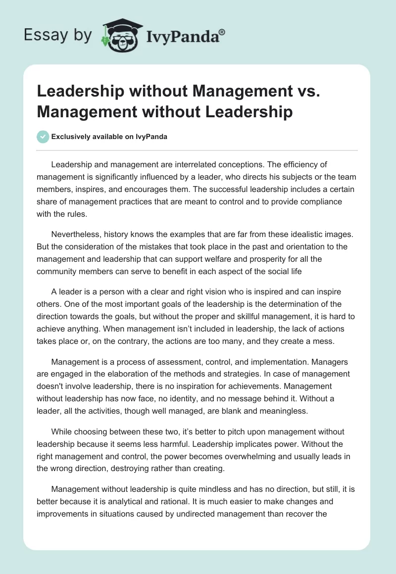 Leadership without Management vs. Management without Leadership. Page 1
