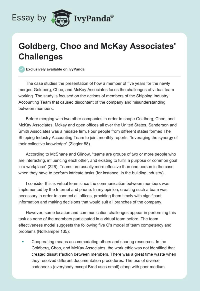 Goldberg, Choo and McKay Associates' Challenges. Page 1