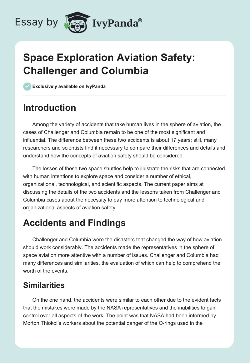 Space Exploration Aviation Safety: Challenger and Columbia. Page 1