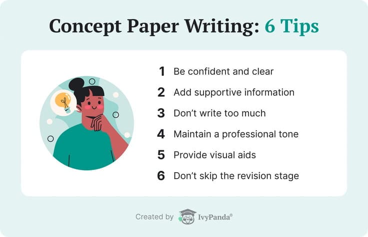 This image lists six concept paper writing tips.
