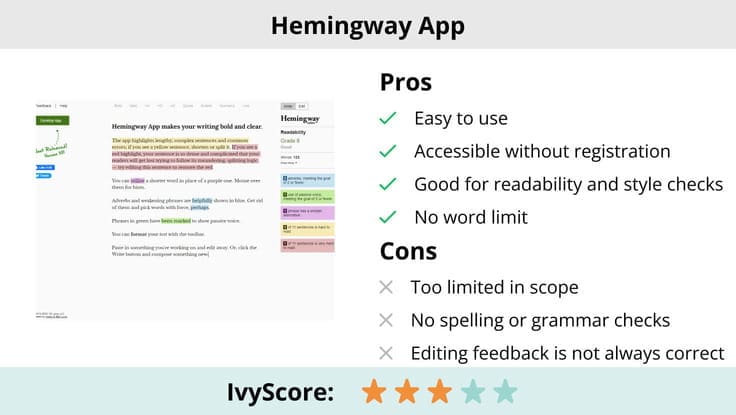 This image shows the pros and cons of Hemingway App.